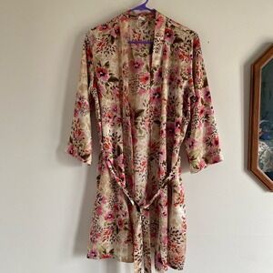 George Womens Floral Leopard Print Satin Robe Pink Orange Tan Medium 8-10